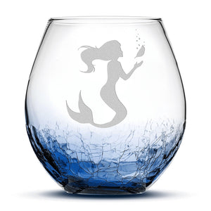 Crackle Wine Glass, Mermaid 1 Design, Hand Etched, 18oz