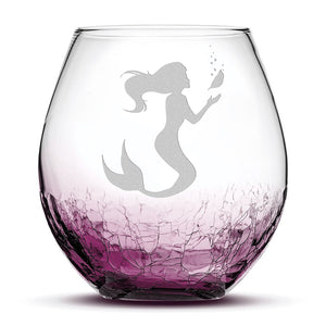 Crackle Wine Glass, Mermaid 1 Design, Hand Etched, 18oz