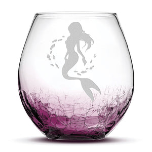 Crackle Wine Glass, Mermaid 2 Design, Hand Etched, 18oz