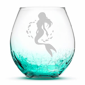 Crackle Wine Glass, Mermaid 2 Design, Hand Etched, 18oz