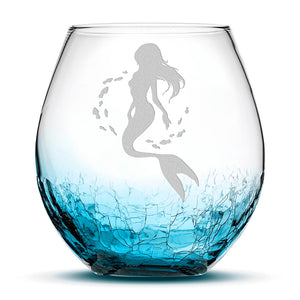 Crackle Wine Glass, Mermaid 2 Design, Laser Etched or Hand Etched, 18oz