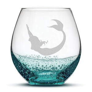 Bubble Wine Glass, Mermaid 3 Design, Hand Etched, 18oz