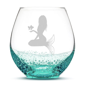 Bubble Wine Glass, Mermaid 5 Design, Hand Etched, 18oz