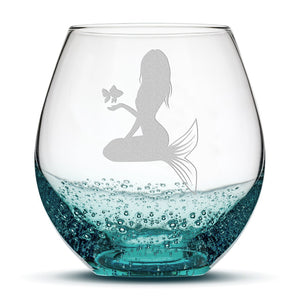 Bubble Wine Glass, Mermaid 5 Design, Hand Etched, 18oz