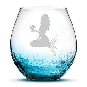 Crackle Wine Glass, Mermaid 5 Design, Laser Etched or Hand Etched, 18oz