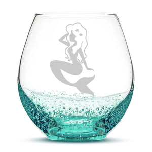 Bubble Wine Glass with Mermaid Design, Hand Etched