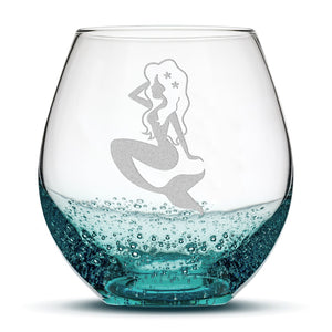 Bubble Wine Glass with Mermaid Design, Hand Etched