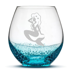 Bubble Wine Glass with Mermaid Design, Hand Etched