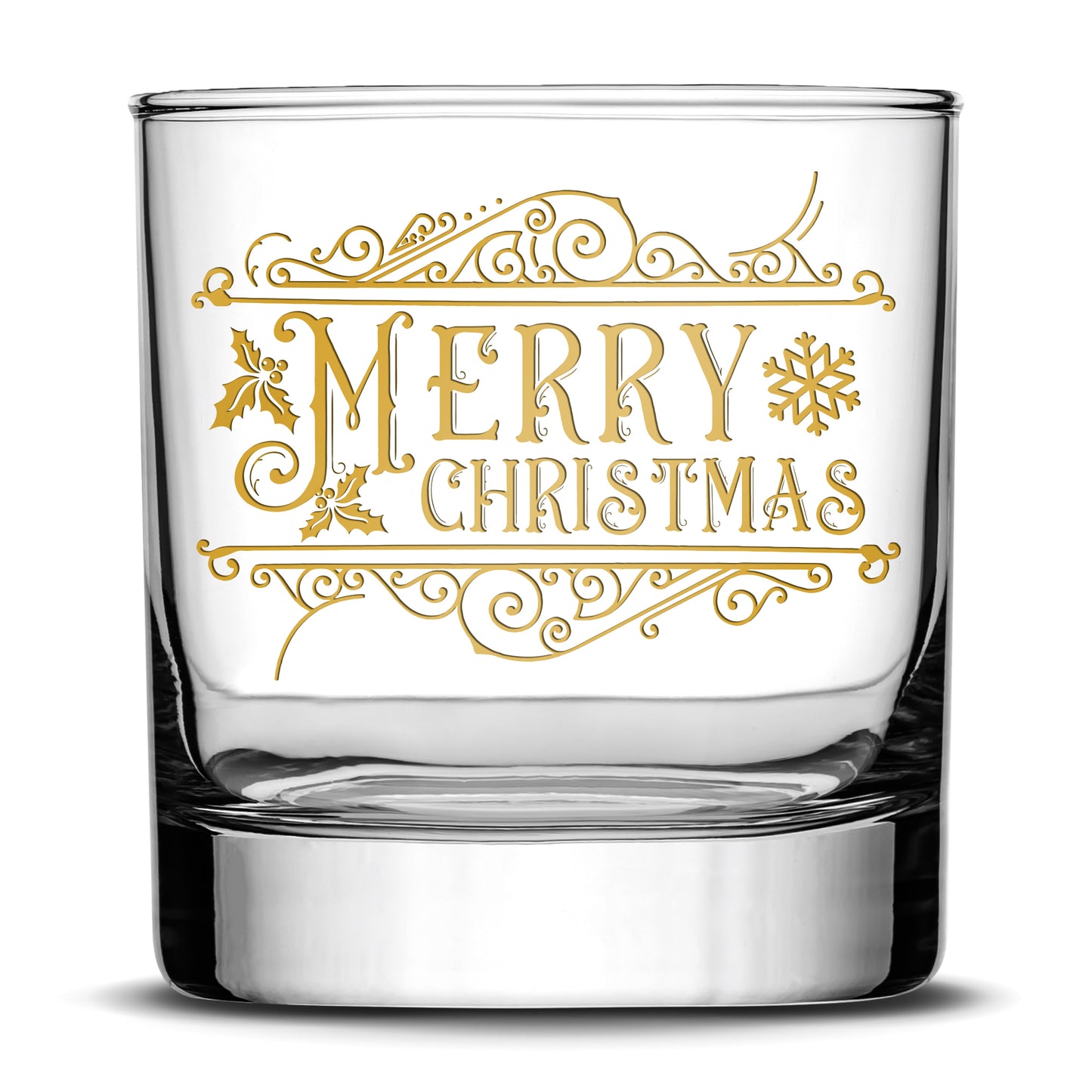 Premium Merry Christmas Whiskey Glass, Laser Etched or Hand Etched 11oz Rocks Glass, Made in USA