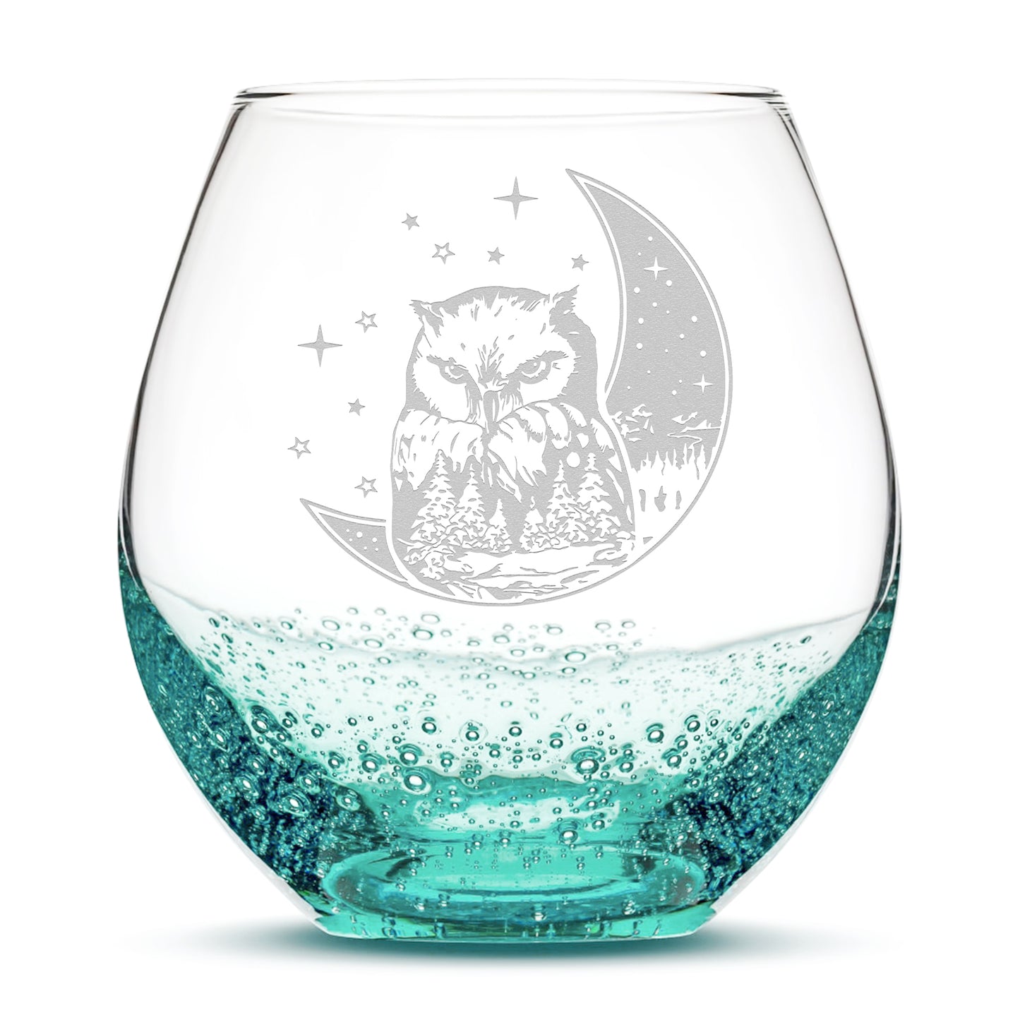 Bubble Wine Glass, Owl & Moon Design, Laser Etched or Hand Etched, 18oz