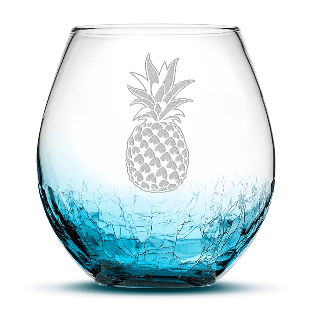 Crackle Wine Glass, Pineapple Design, Laser Etched or Hand Etched, 18oz