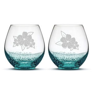 Bubble Wine Glasses, Plumerias with Leaves, Set of 2