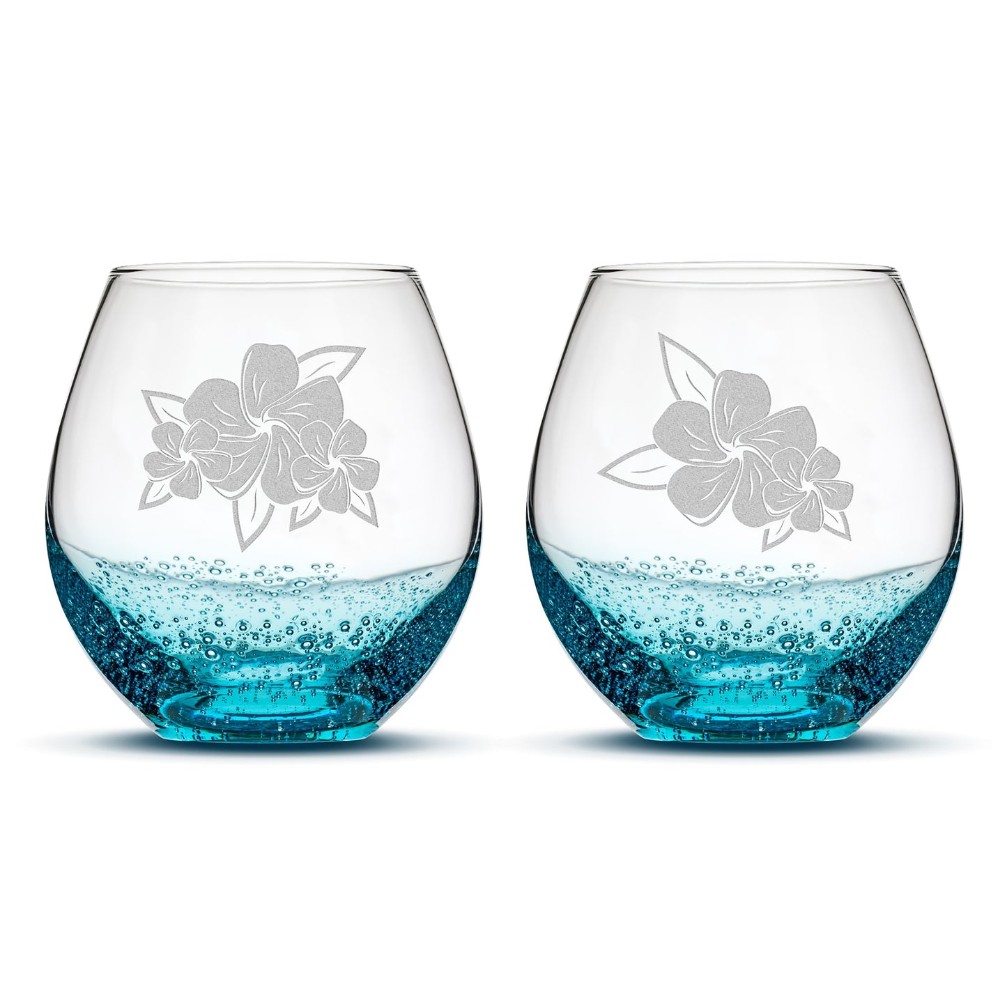 Bubble Wine Glasses, Plumerias with Leaves, Set of 2