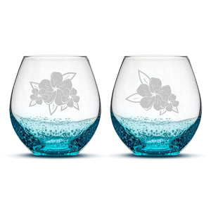 Bubble Wine Glasses, Plumerias with Leaves, Set of 2