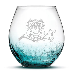 Crackle Wine Glass, Resting Owl Design, Laser Etched or Hand Etched, 18oz
