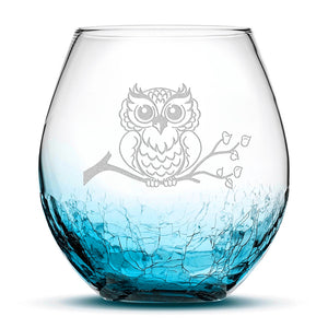 Crackle Wine Glass, Resting Owl Design, Laser Etched or Hand Etched, 18oz