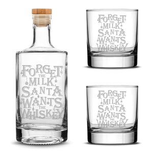Santa Wants The Whiskey Jersey Bottle Set with 2 Christmas Whiskey Glasses, Laser Etched or Hand Etched