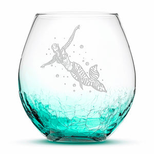 Crackle Wine Glass, Avatar Mermaid, Hand Etched, 18oz