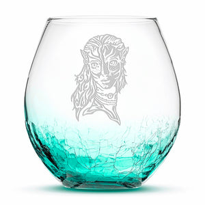 Crackle Wine Glass, Avatar Neytiri, Hand Etched, 18oz