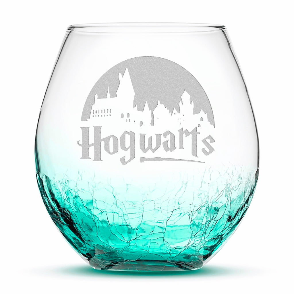 Integrity Bottles, Crackle Wine Glass, Harry Potter, Hogwarts, Laser Etched or Hand Etched, 18oz