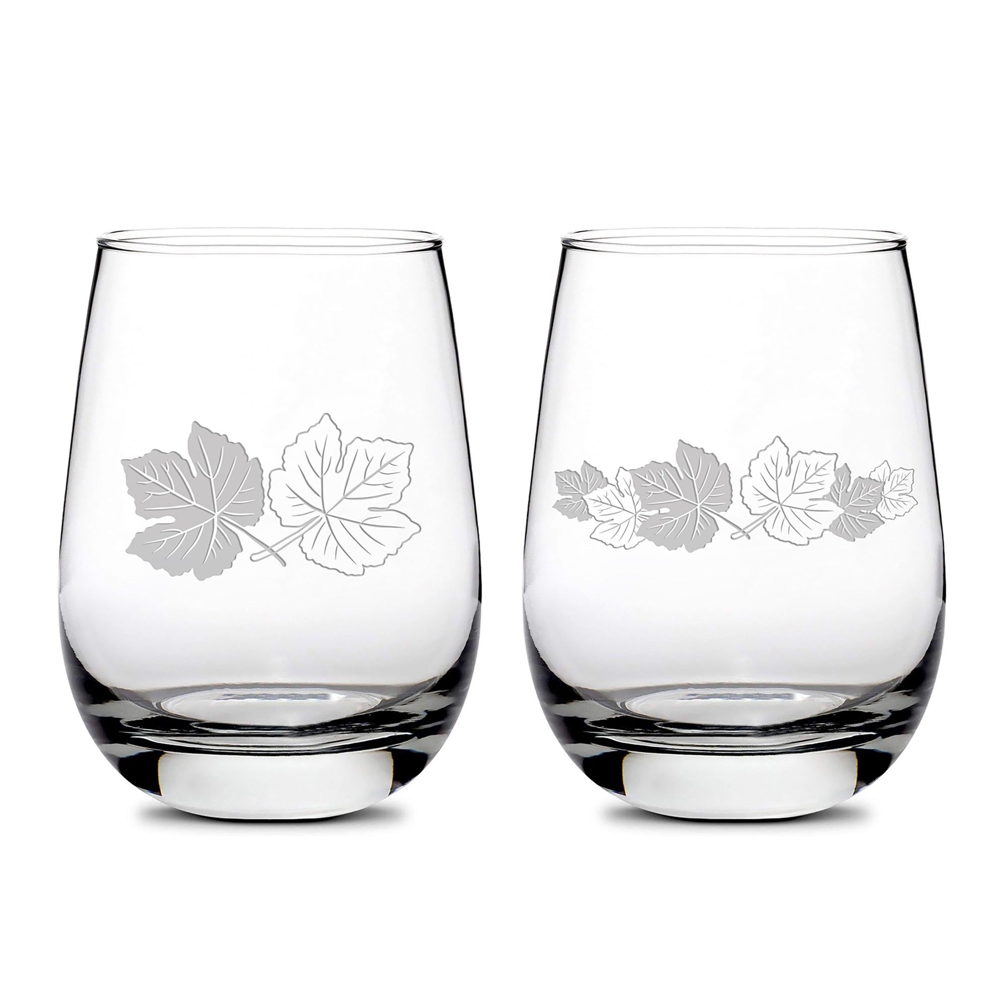 Premium Wine Glasses, Set of Grape Leaves, 16oz (Set of 2), Laser Etched or Hand Etched