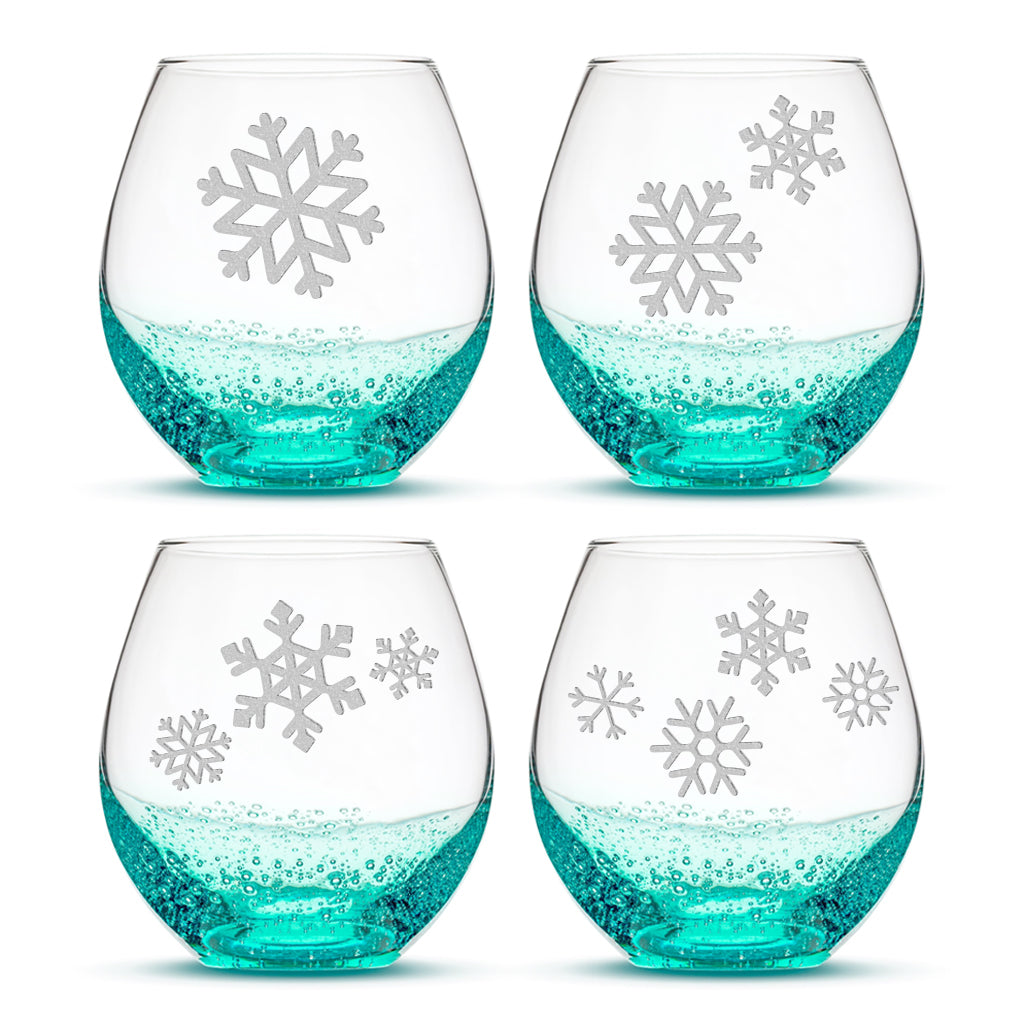 Bubble Wine Glasses with Snowflakes, Set of 4, Laser Etched or Hand Etched