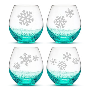 Bubble Wine Glasses with Snowflakes, Set of 4, Laser Etched or Hand Etched