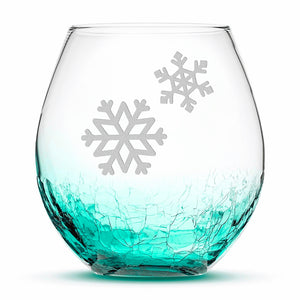 Crackle Wine Glass, Double Snowflakes, Laser Etched or Hand Etched, 18oz