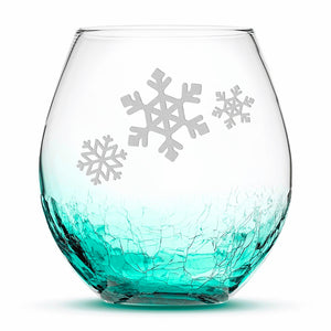 Crackle Wine Glass, 3 Snowflakes, Laser Etched or Hand Etched, 18oz