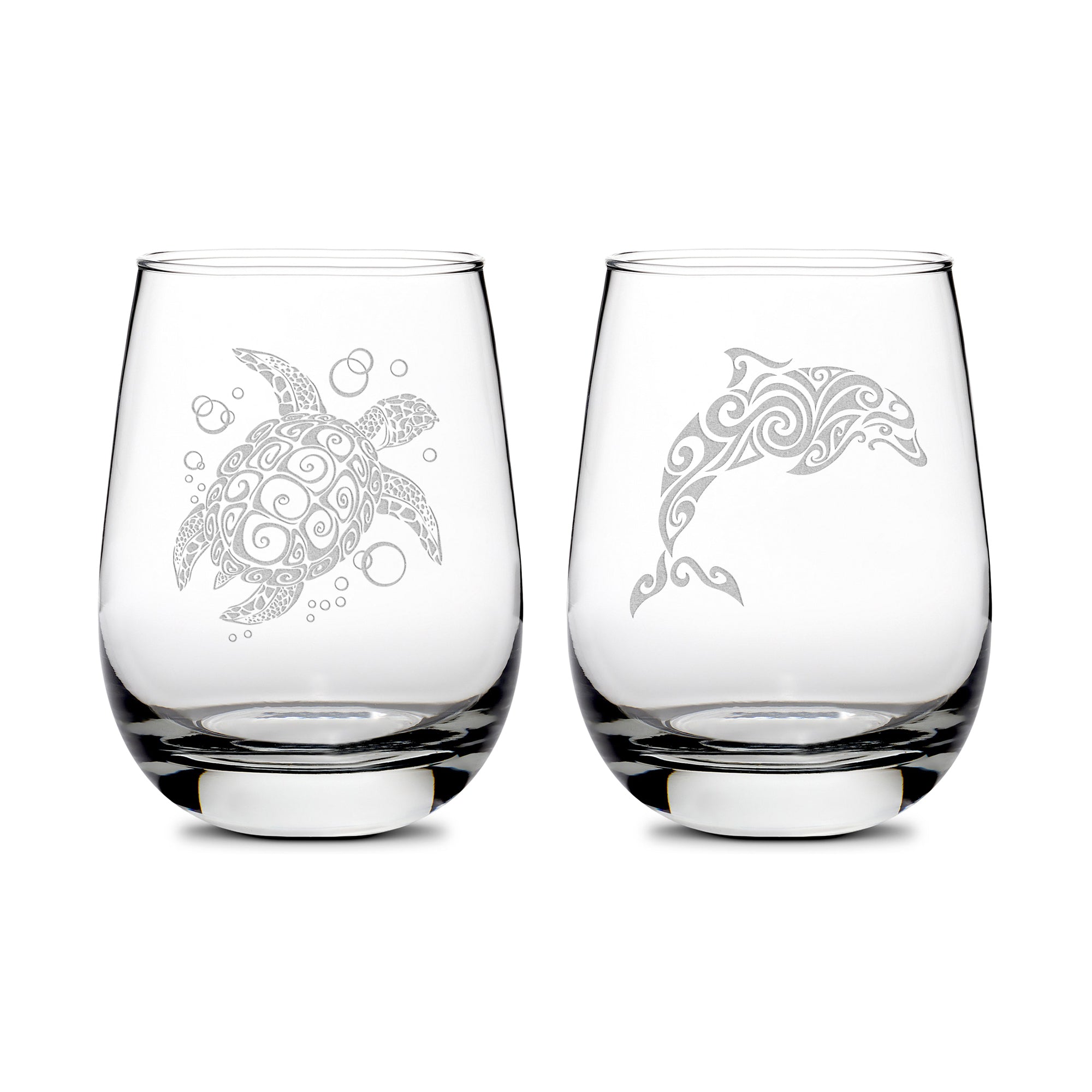 Premium Wine Glasses, Sea Turtle and Dolphin, 16oz (Set of 2), Laser Etched or Hand Etched
