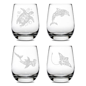 Premium Wine Glasses, Tribal Turtle, Dolphin, Shark, and Stingray (Set of 4), Laser Etched or Hand Etched