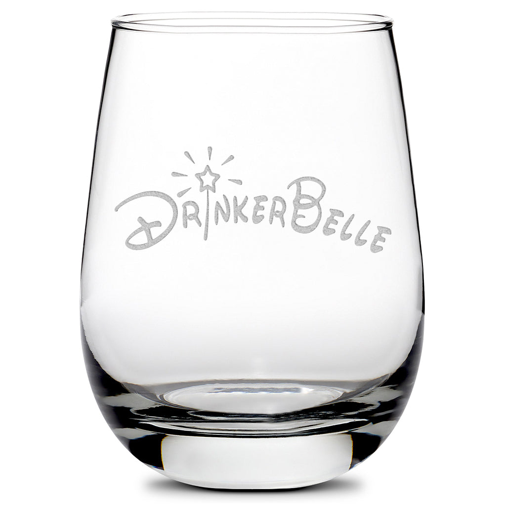 Premium Stemless Wine Glass, Drinkerbelle, 16oz, Laser Etched or Hand Etched