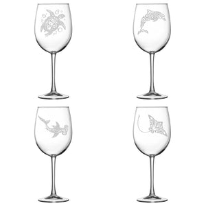 Premium Wine Glasses, Tribal Turtle, Dolphin, Shark, and Stingray (Set of 4), Laser Etched or Hand Etched