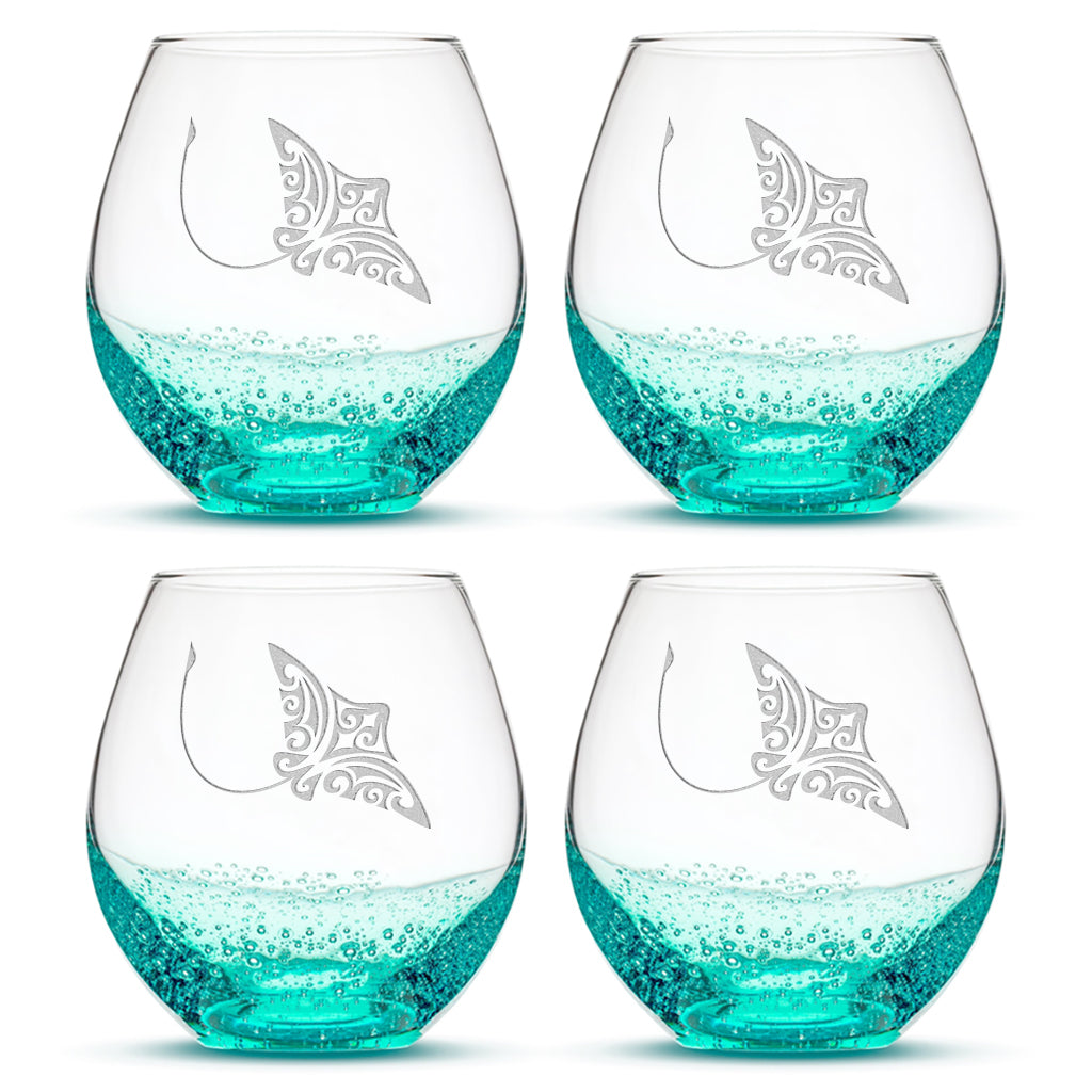Bubble Wine Glasses with Tribal Stingray, Set of 4, Hand Etched