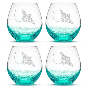 Bubble Wine Glasses with Tribal Stingray, Set of 4, Laser Etched or Hand Etched