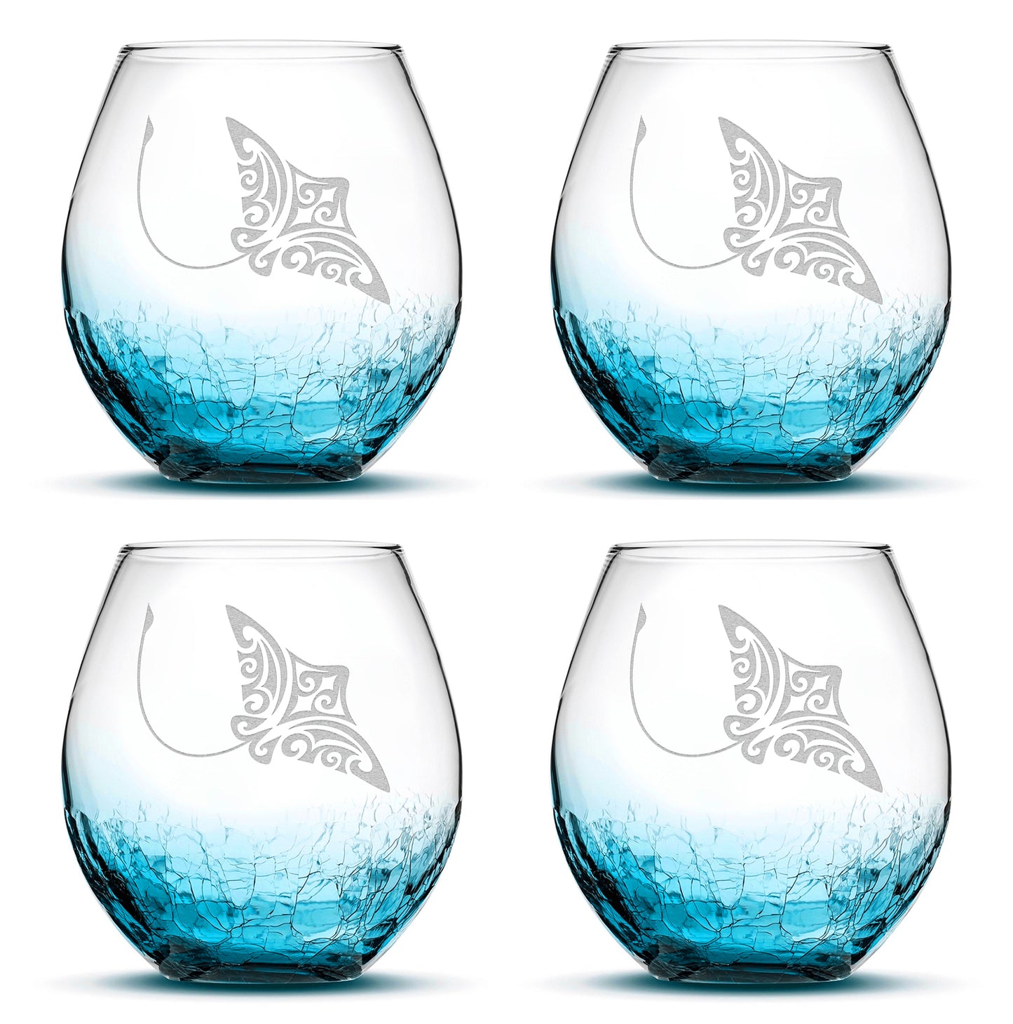 Crackle Wine Glasses with Tribal Stingray, Set of 4, Laser Etched or Hand Etched