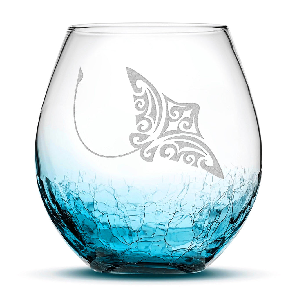 Crackle Wine Glass, Stingray Design, Laser Etched or Hand Etched, 18oz