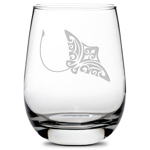 Premium Wine Glasses, Tribal Turtle, Dolphin, Shark, and Stingray (Set of 4), Laser Etched or Hand Etched