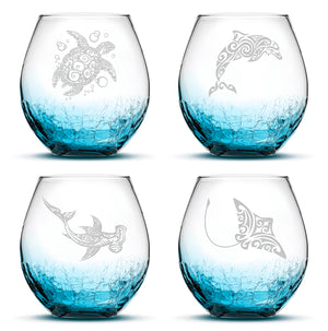 Crackle Wine Glasses with Tribal Sea Animals, Set of 4, One of Each