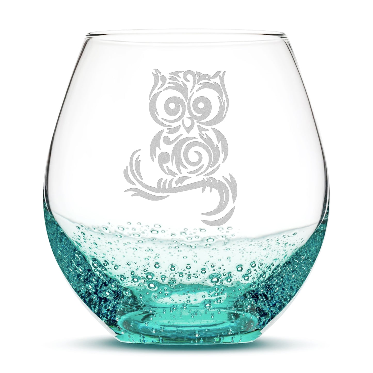 Bubble Wine Glass, Tribal Owl Design, Laser Etched or Hand Etched, 18oz