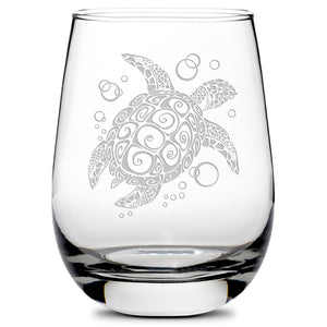 Premium Wine Glasses, Tribal Turtle, Dolphin, Shark, and Stingray (Set of 4), Laser Etched or Hand Etched