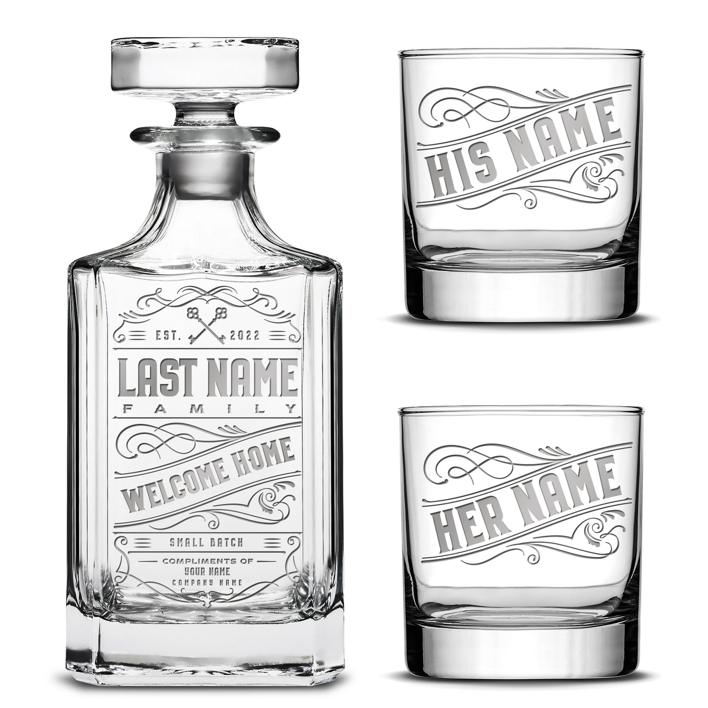 Customizable Welcome Home Diamond Decanter with Set of 2 Custom Whiskey Glasses, Laser Etched or Hand Etched