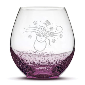 Less Than Perfect Bubble Wine Glass, Windy Snowman, Laser Etched or Hand Etched, 18oz