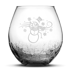 Crackle Wine Glass, Windy Snowman, Laser Etched or Hand Etched, 18oz