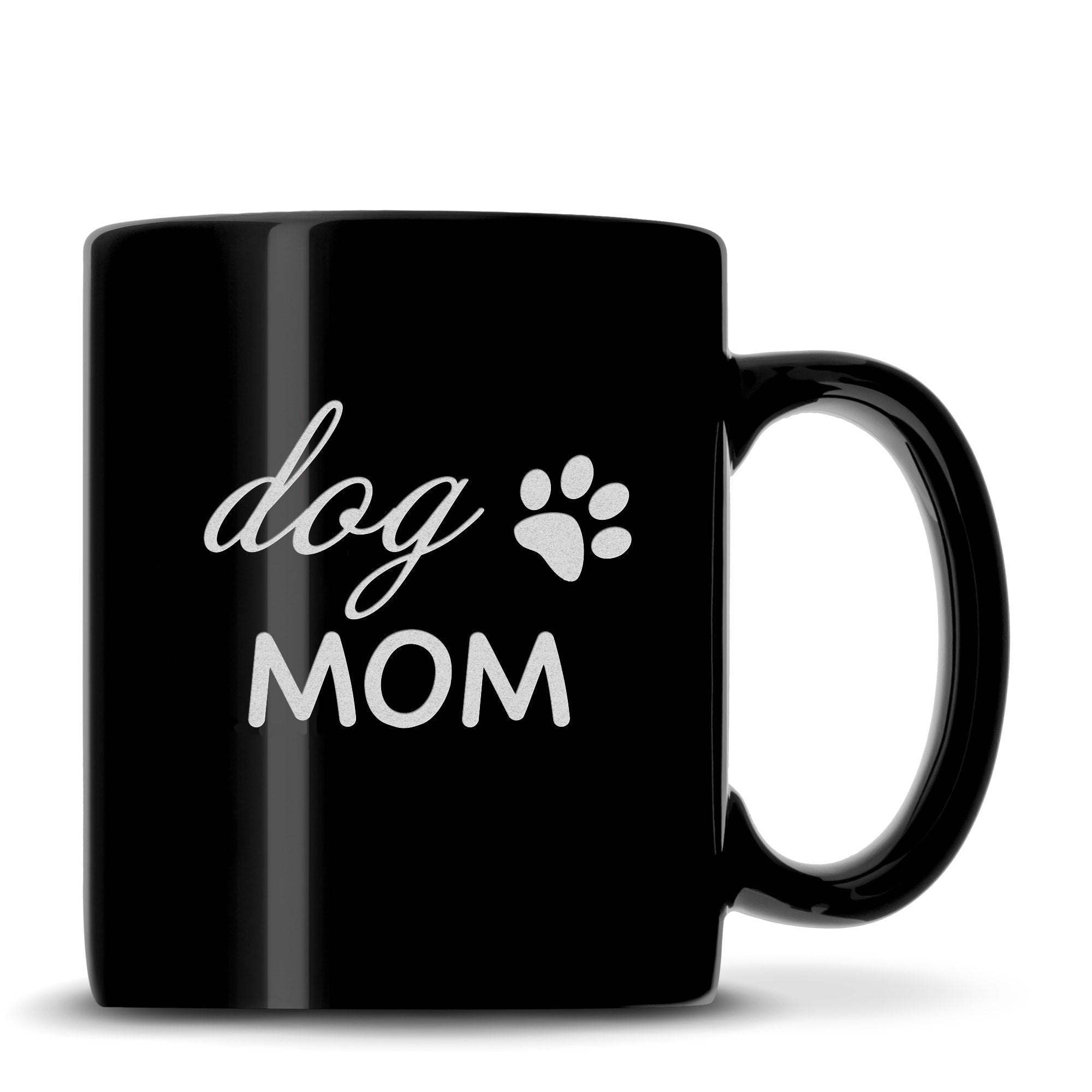 Black Coffee Mug with "Dog Mom" Design, Deep Etched by Integrity Bottles