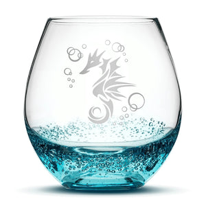 Bubble Wine Glass with Seahorse Design, Hand Etched by Integrity Bottles