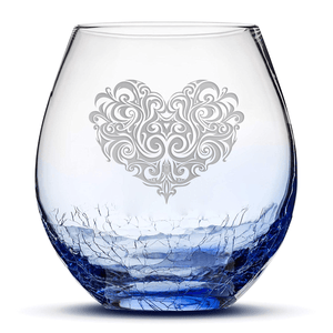 Crackle Blue Wine Glass, Tribal Heart Design, Hand Etched, 18oz by Integrity Bottles