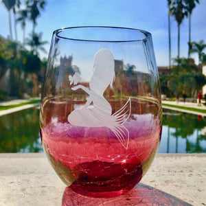 Crackle Light Red Wine Glass, Mermaid Kneeling Fish Design #5, Hand Etched, 16oz by Integrity Bottles