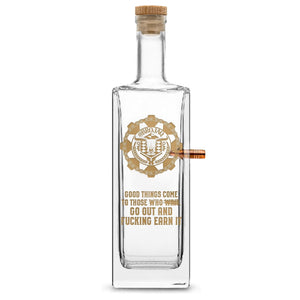 Gold Etch Premium .50 Cal BMG Bullet Bottle, Liberty Whiskey Decanter, Brojaq Sprocket, 750mL Integrity Bottles