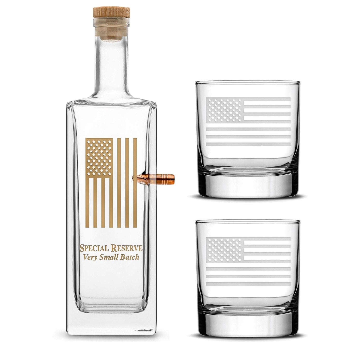 Premium .50 Cal BMG Bullet Bottle Gift Set, Liberty Whiskey Decanter, American Flag, 750mL by Integrity Bottles